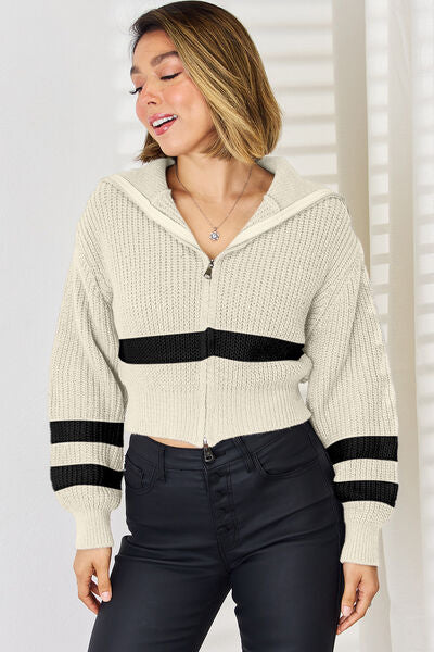 Striped Zip Up Dropped Shoulder Cardigan | Trendsi