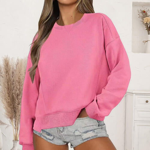 Round Neck Drop Shoulder Long Sleeve Sweatshirt |1mrk.com