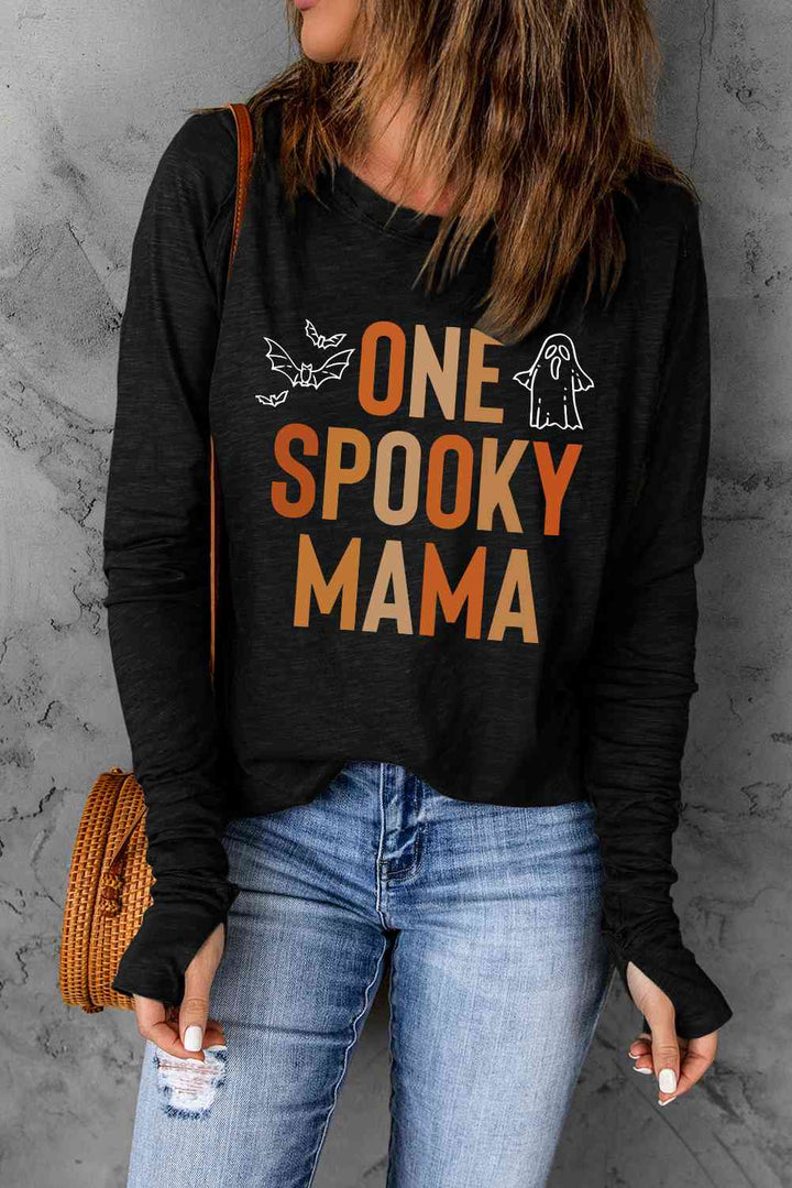 Round Neck Long Sleeve ONE SPOOKY MAMA Graphic T-Shirt | 1mrk.com