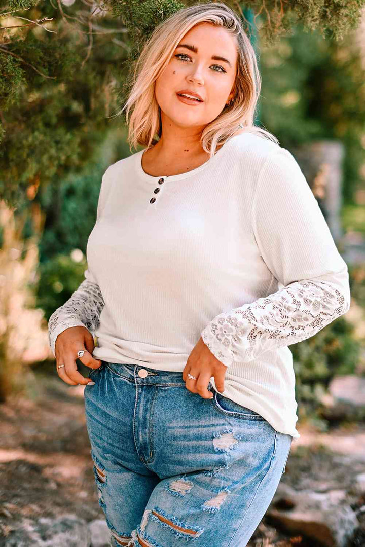 Plus Size Spliced Lace Ribbed Henley Top | 1mrk.com