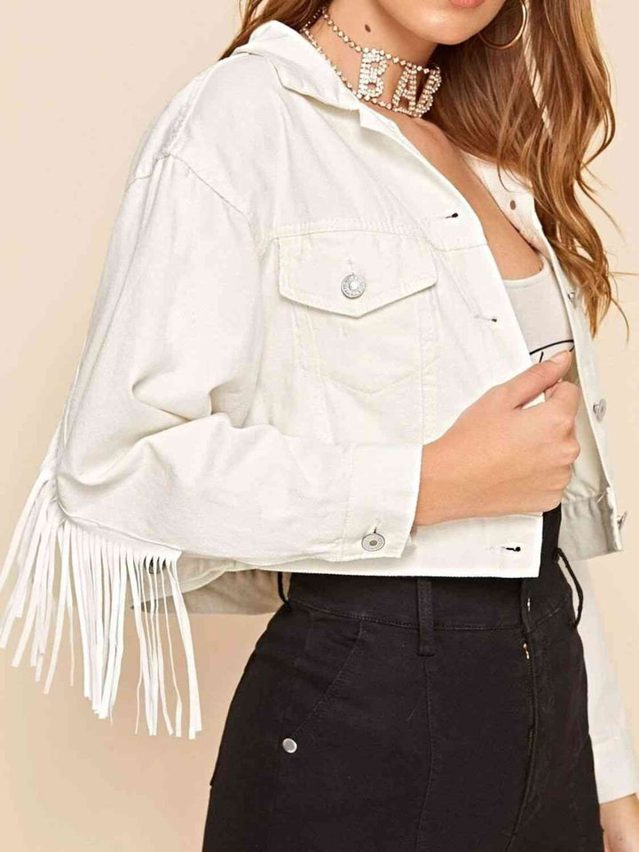 Fringe Detail Collared Neck Long Sleeve Denim Jacket | 1mrk.com