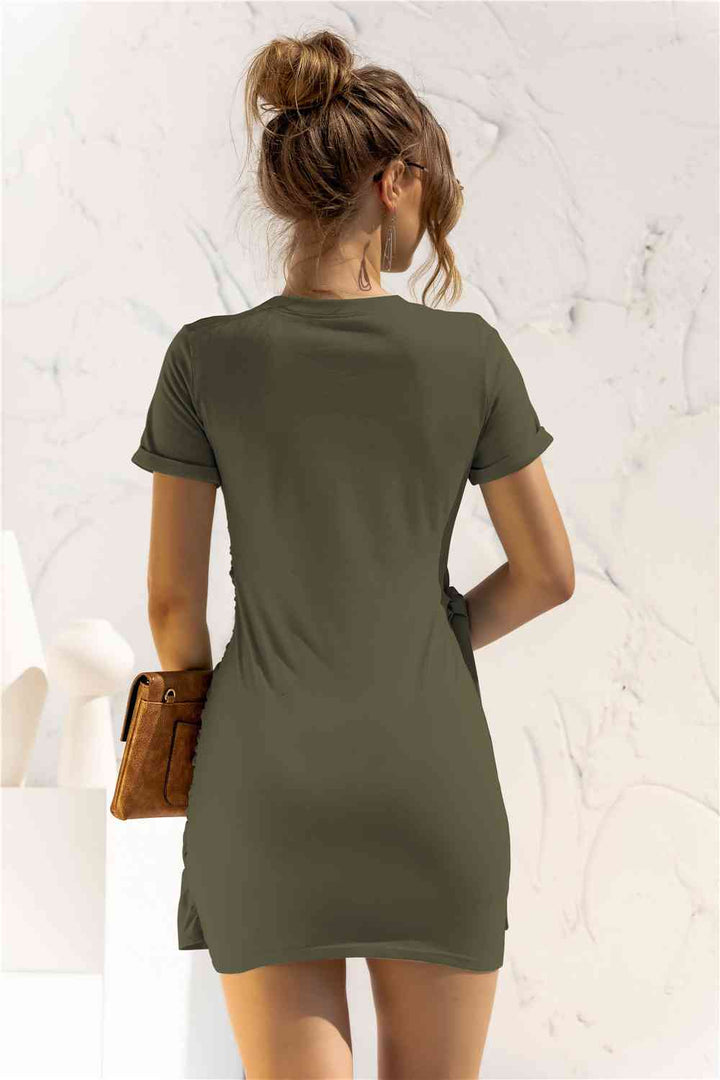 Round Neck Cuffed Sleeve Side Tie Dress |1mrk.com