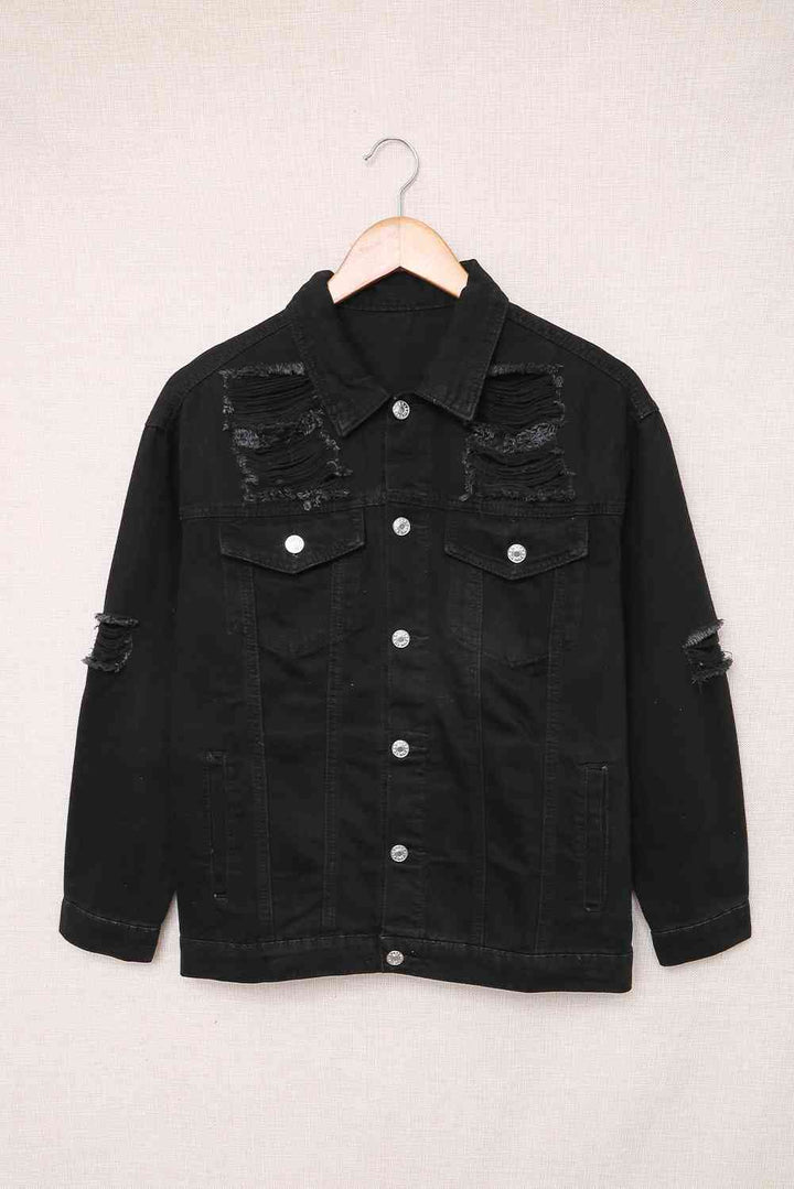 Distressed Button-Up Denim Jacket with Pockets | 1mrk.com