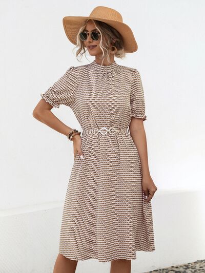 Printed Mock Neck Flounce Sleeve Dress |1mrk.com