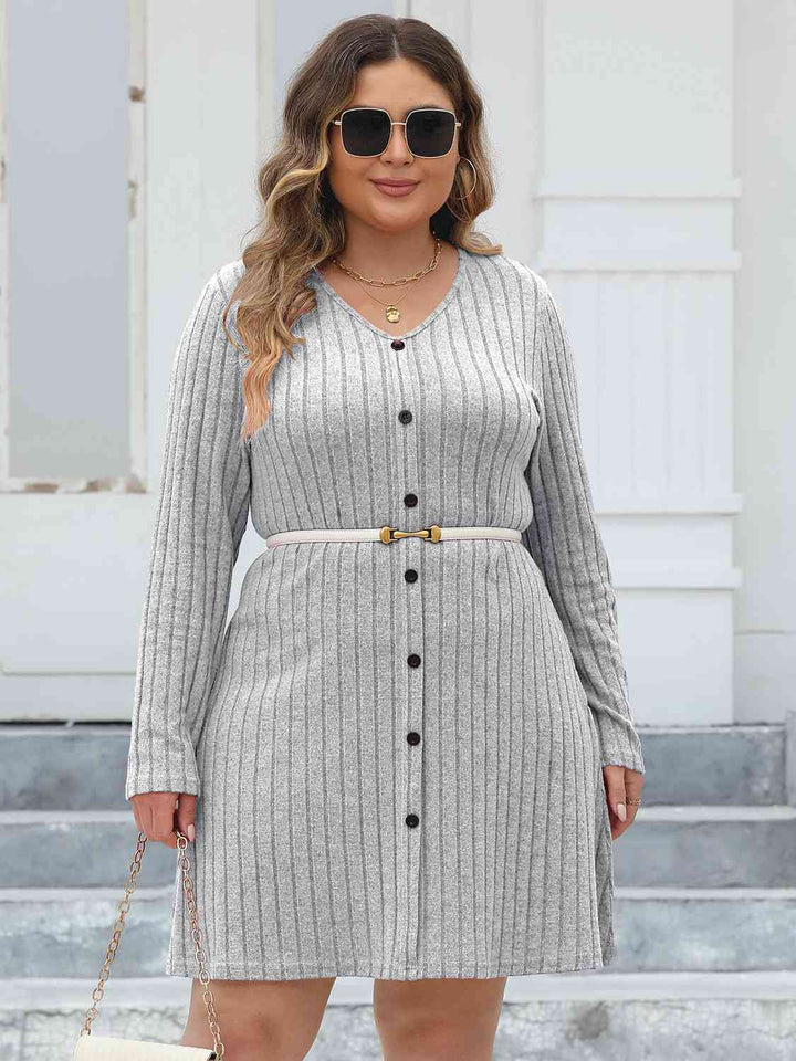 Plus Size Ribbed Buttoned V-Neck Long Sleeve Dress |1mrk.com