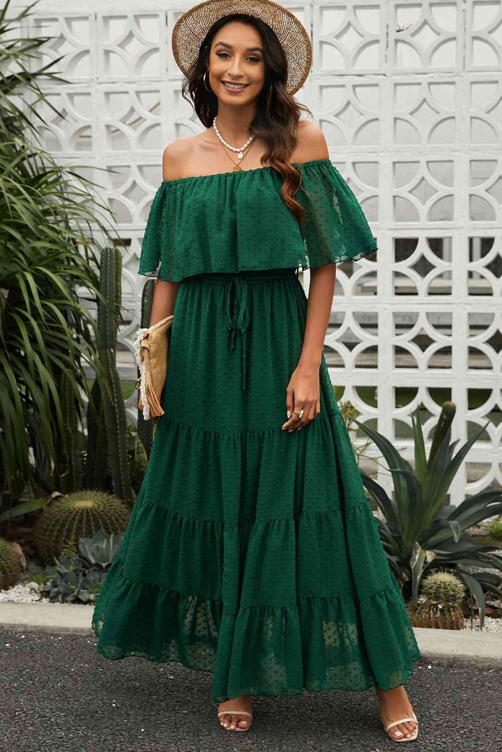 Swiss Dot Off-Shoulder Tiered Maxi Dress |1mrk.com