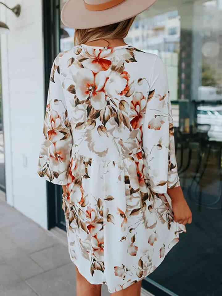 Floral V-Neck Three-Quarter Sleeve Dress |1mrk.com