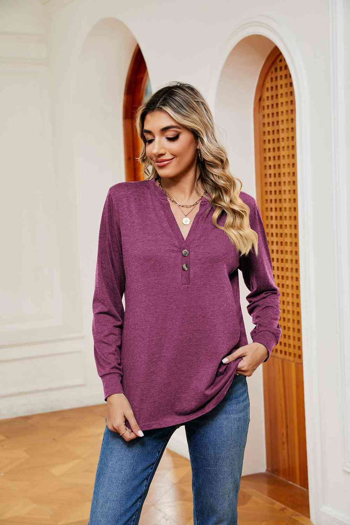 Buttoned Notched Neck Long Sleeve Top | 1mrk.com