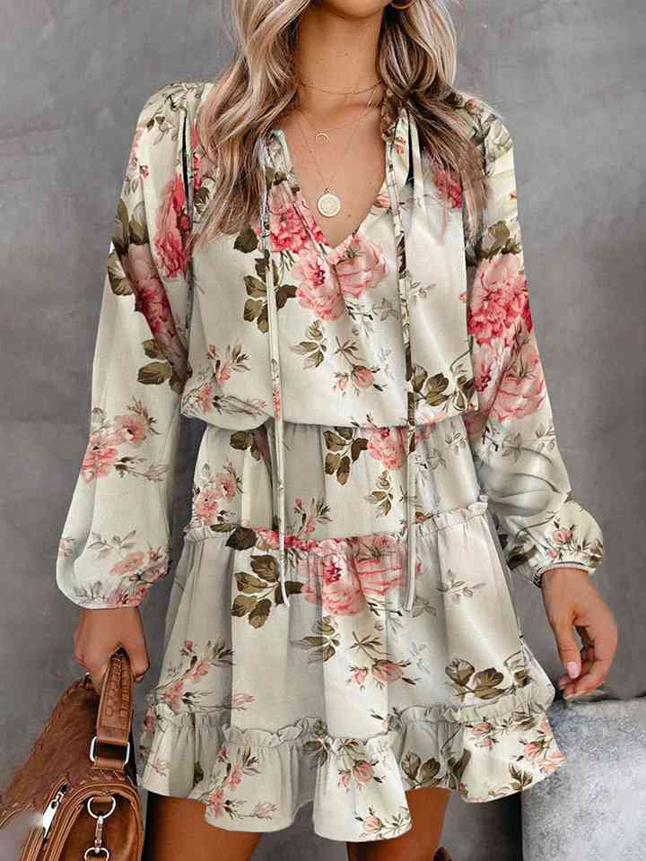 Printed Tie Neck Long Sleeve Dress |1mrk.com