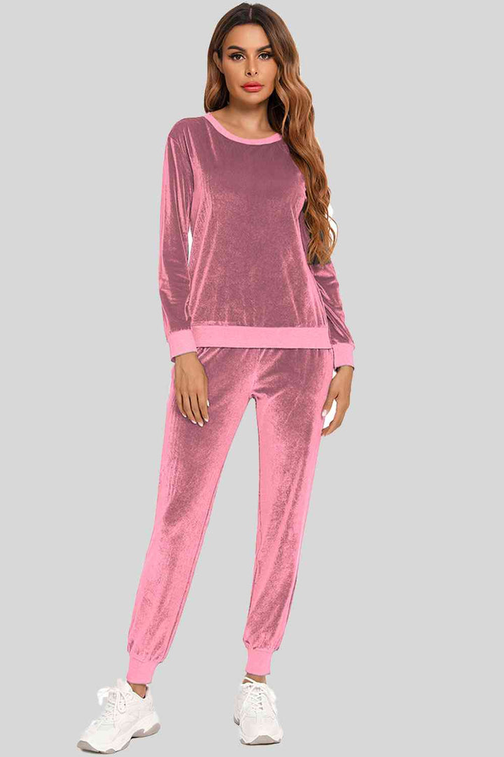 Round Neck Long Sleeve Loungewear Set with Pockets | 1mrk.com