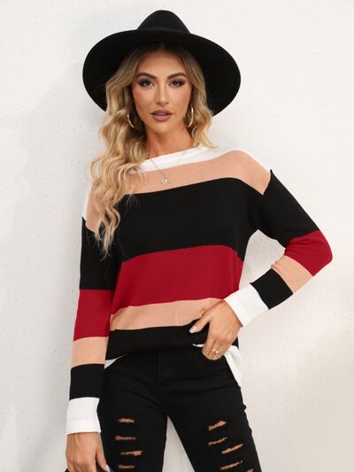 Striped Round Neck Dropped Shoulder Sweater |1mrk.com