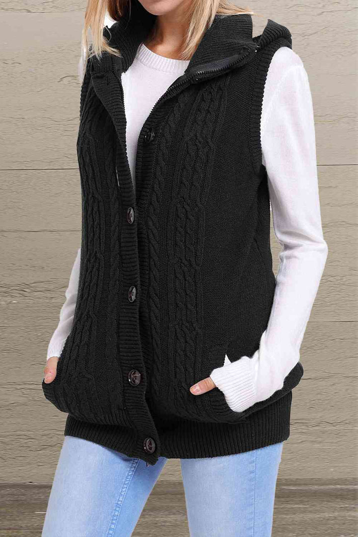 Button and Zip Closure Hooded Sweater Vest |1mrk.com