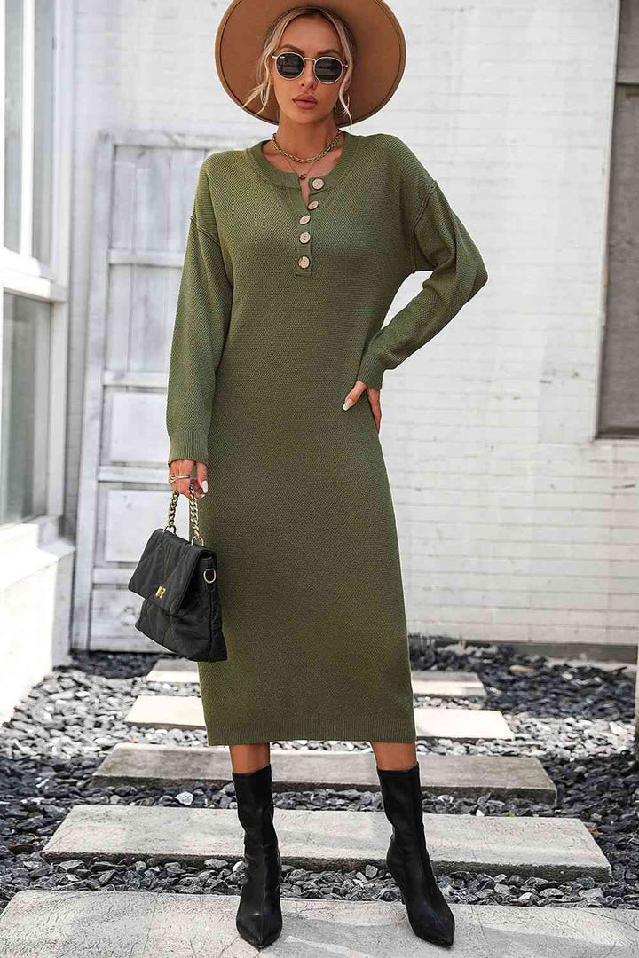 Notched Neck Dropped Shoulder Button-Down Midi Dress | 1mrk.com