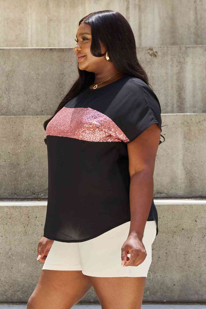 Sew In Love Shine Bright Full Size Center Mesh Sequin Top in Black/Mauve | 1mrk.com