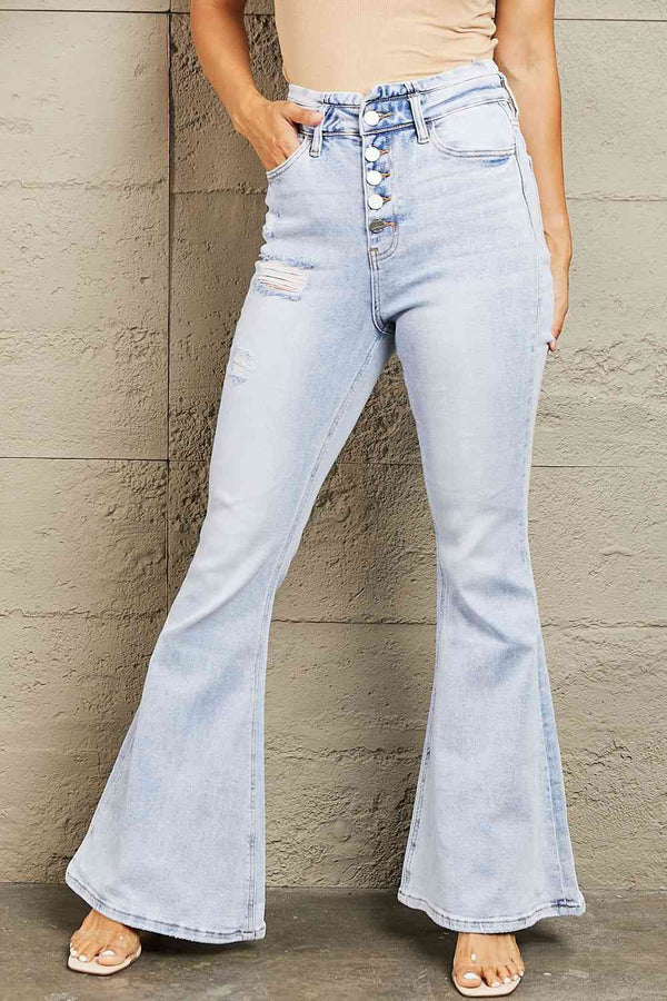 BAYEAS High Waisted Button Fly Flare Jeans | 1mrk.com