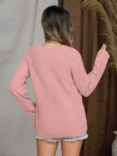 Openwork Round Neck Raglan Sleeve Sweater |1mrk.com