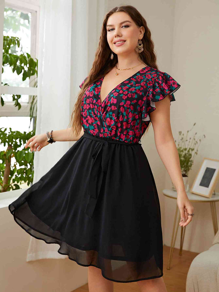 Plus Size Floral Surplice Neck Flutter Sleeve Dress |1mrk.com