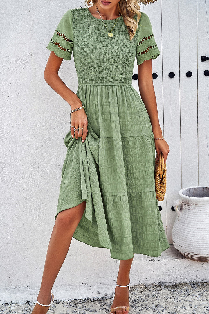 Smocked Round Neck Short Sleeve Midi Dress | Trendsi