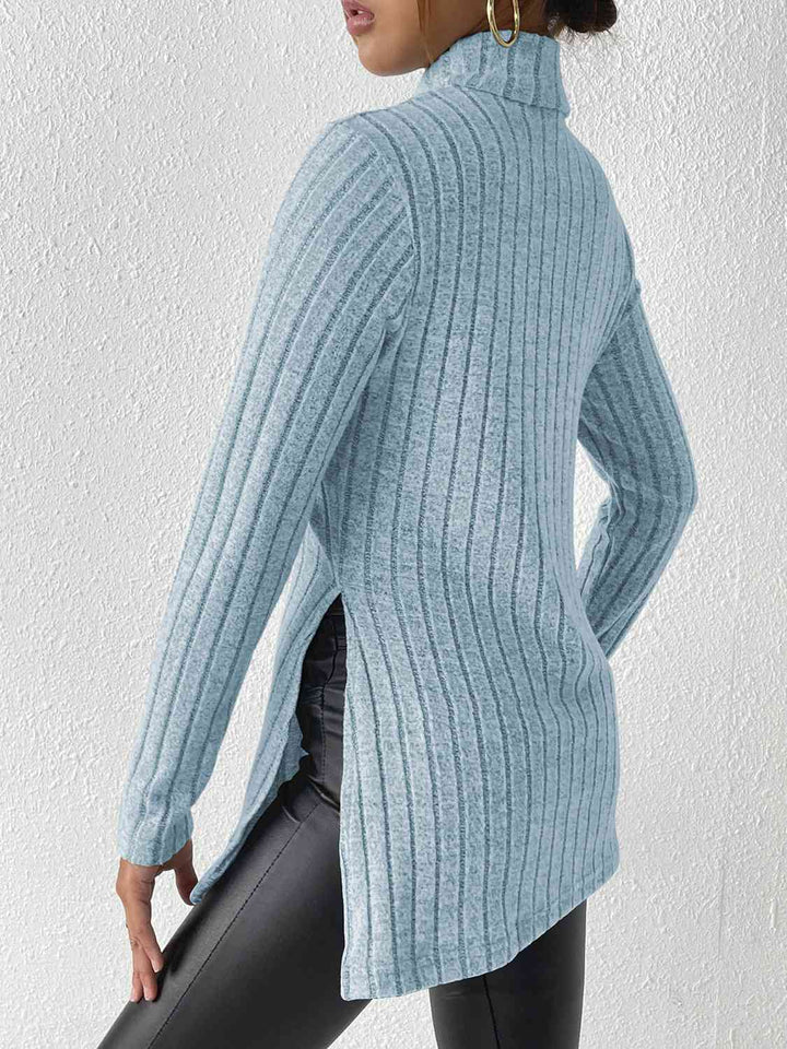 Ribbed Turtleneck Long Sleeve Slit T-Shirt | 1mrk.com