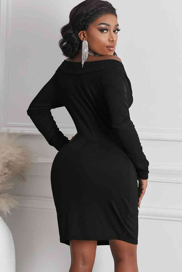 Long Sleeve Plunge Ribbed Bodycon Dress | 1mrk.com