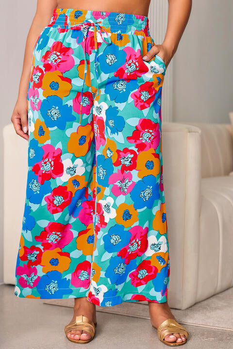 Plus Size Floral Drawstring Wide Leg Pants with Pockets | 1mrk.com