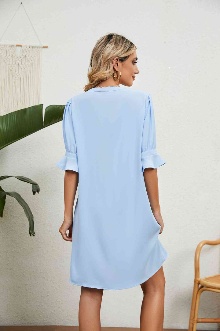 Notched Neck Flounce Sleeve Dress |1mrk.com