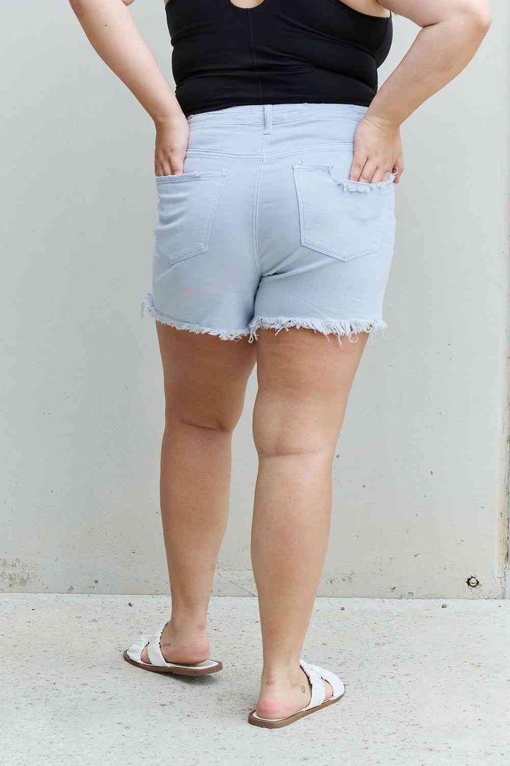 RISEN Katie Full Size High Waisted Distressed Shorts in Ice Blue | 1mrk.com