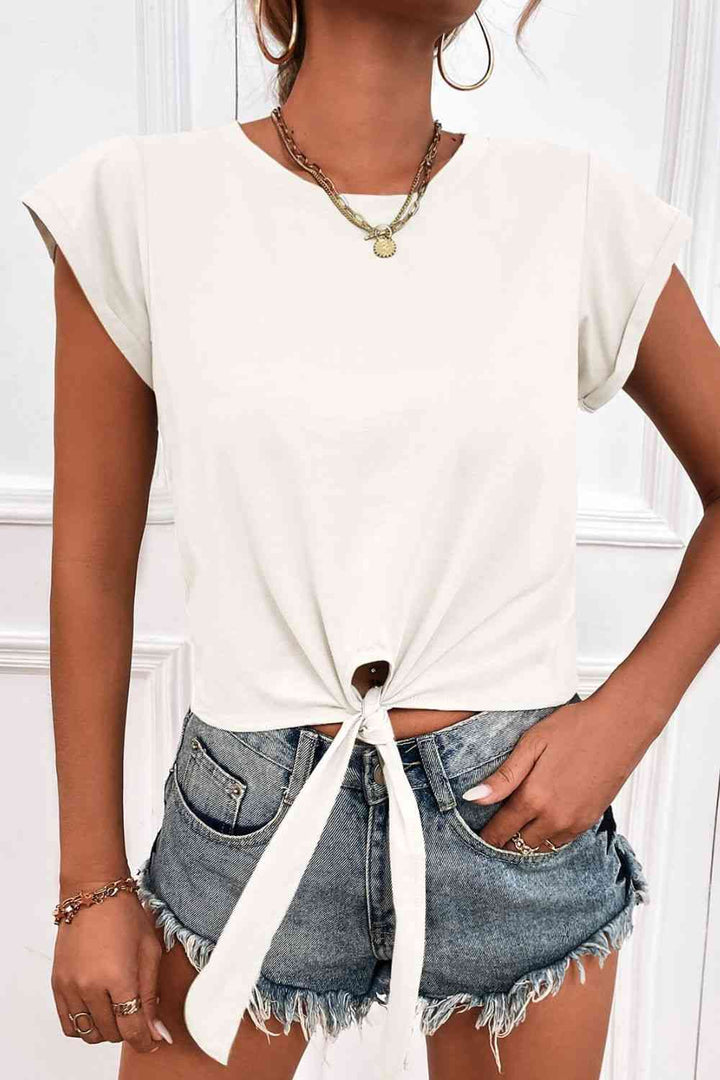 Tied Round Neck Crop Tee | 1mrk.com