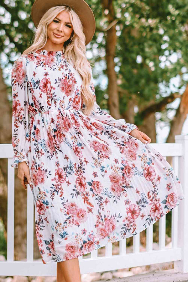 Floral Mock Neck Flounce Sleeve Midi Dress | 1mrk.com