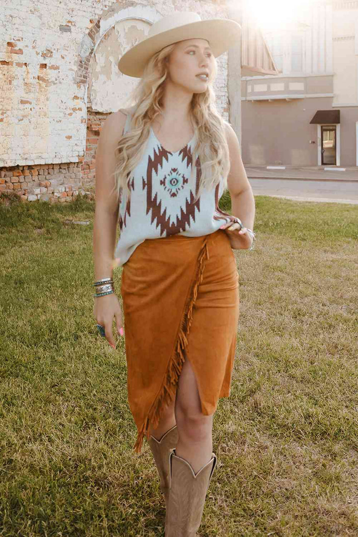 Double Take Fringe Trim Wrap Skirt |1mrk.com