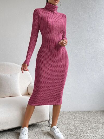 Turtleneck Long Sleeve Midi Sweater Dress |1mrk.com