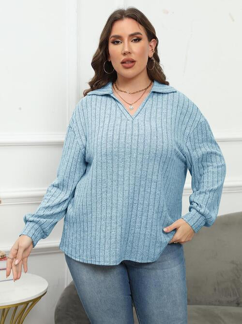 Plus Size Ribbed Collared Neck Long Sleeve Blouse | 1mrk.com