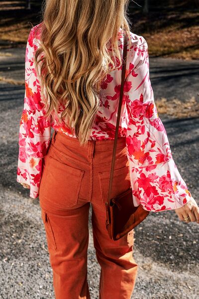 Floral Flare Sleeve Button Up V-Neck Bodysuit | 1mrk.com