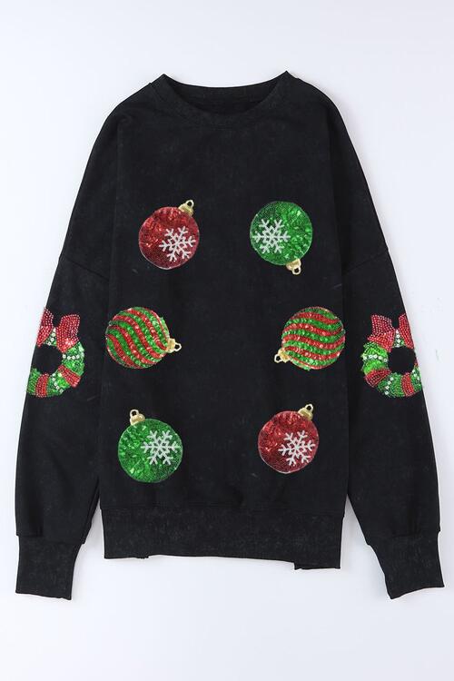 Sequin Christmas Element Round Neck Slit Sweatshirt |1mrk.com