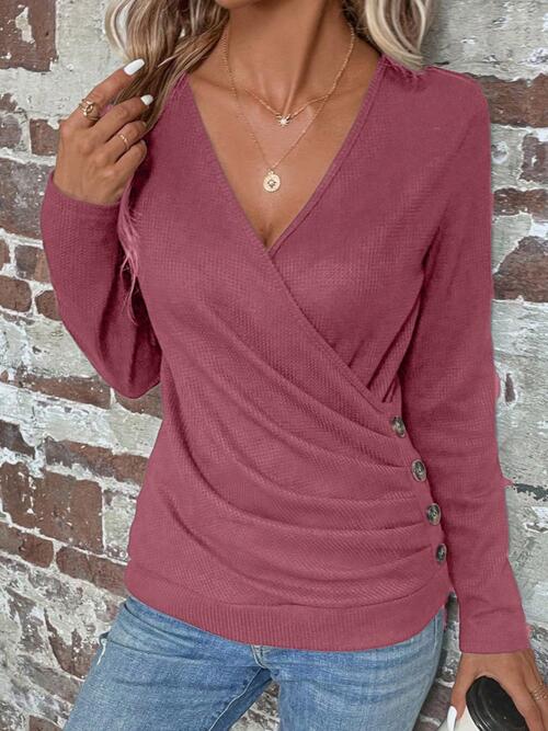 Surplice Button Detail Long Sleeve Blouse | 1mrk.com