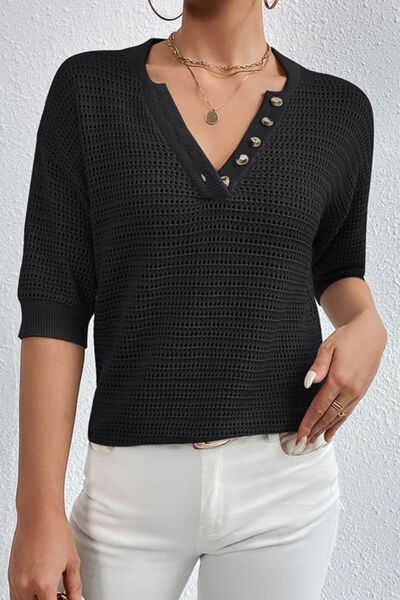 Openwork Half Button Dropped Shoulder Knit Top |1mrk.com