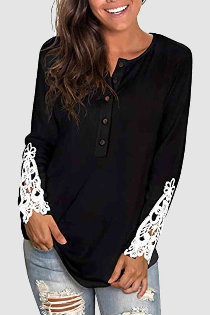 Lace Detail Button Front T-Shirt | 1mrk.com