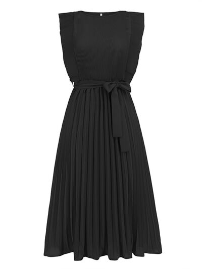 Tied Round Neck Pleated Midi Dress |1mrk.com