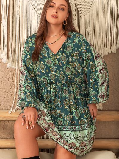 Plus Size V-Neck Balloon Sleeve Printed Mini Dress |1mrk.com