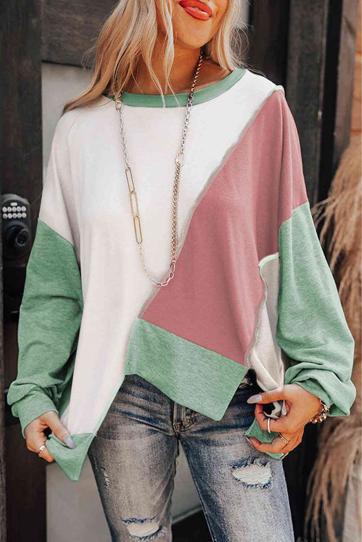 Color Block Exposed Seam Asymmetrical Sweatshirt |1mrk.com