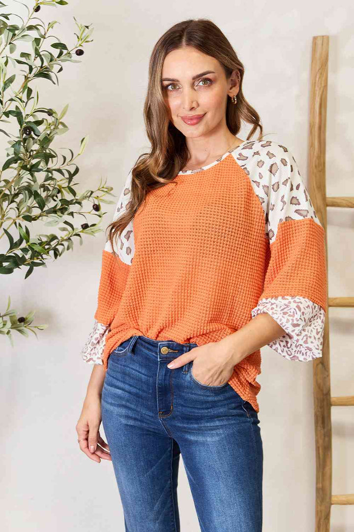 Double Take Leopard Waffle-Knit Long Sleeve Blouse | 1mrk.com