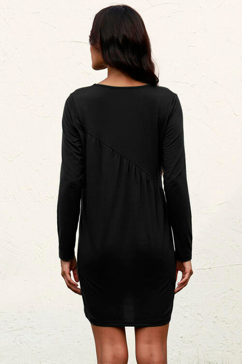 Ruched Round Neck Long Sleeve Dress | 1mrk.com