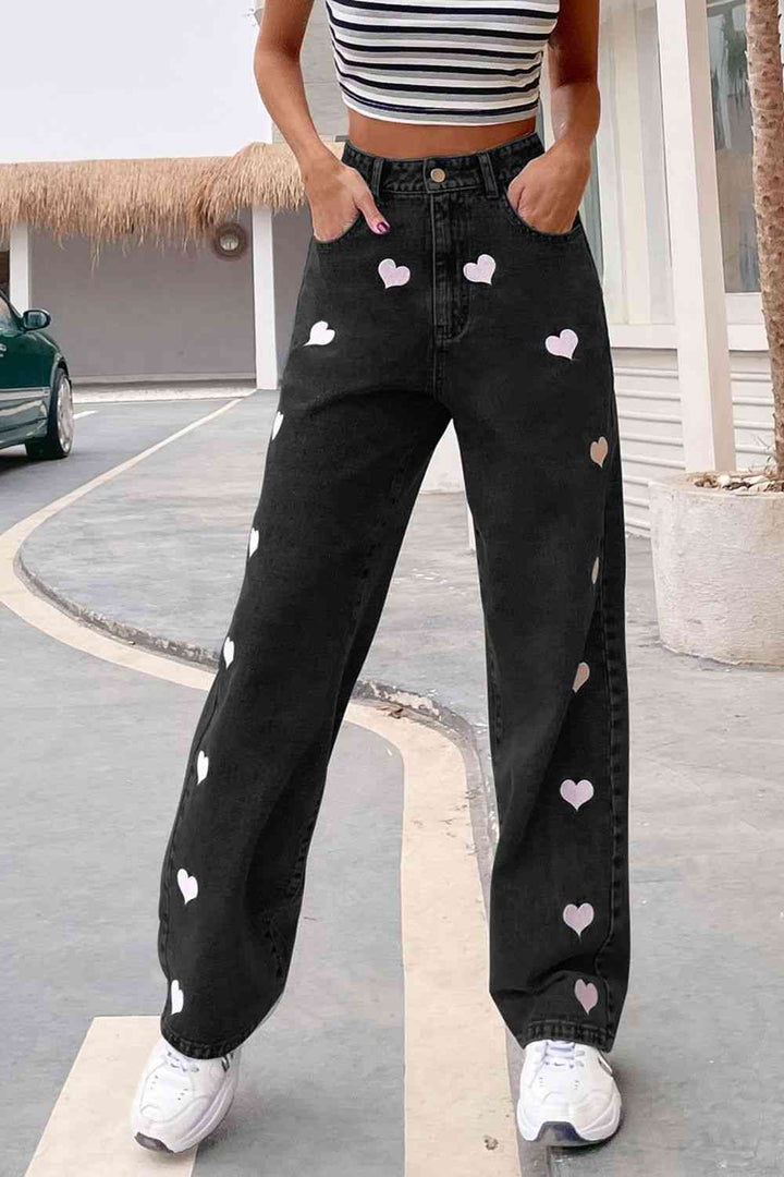 Heart Print Buttoned Jeans | 1mrk.com