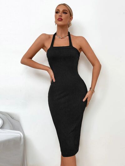 Ribbed Halter Neck Wrap Dress |1mrk.com