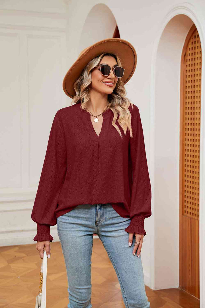 Notched Neck Flounce Sleeve Blouse | 1mrk.com