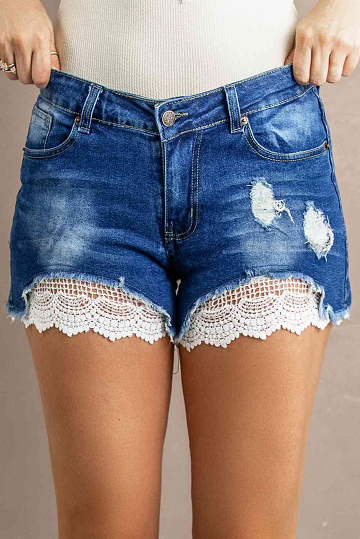 Spliced Lace Distressed Denim Shorts | 1mrk.com