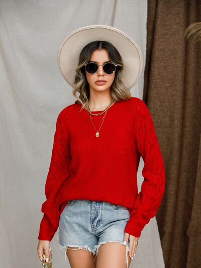 Openwork Round Neck Raglan Sleeve Sweater |1mrk.com