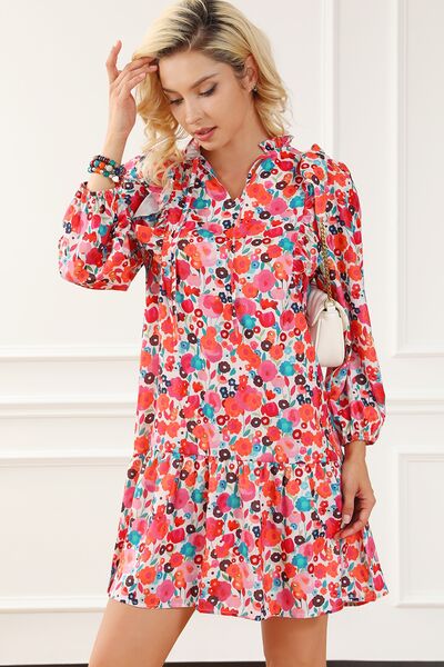 Ruffled Printed Tie Neck Mini Dress |1mrk.com