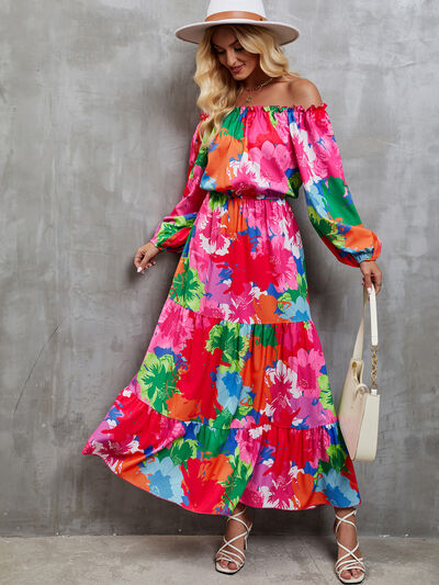 Printed Off-Shoulder Balloon Sleeve Tiered Dress |1mrk.com