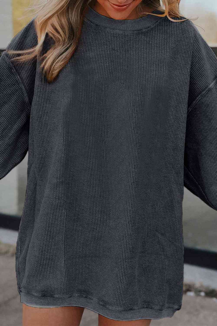 Ribbed Round Neck Drop Shoulder Sweatshirt |1mrk.com